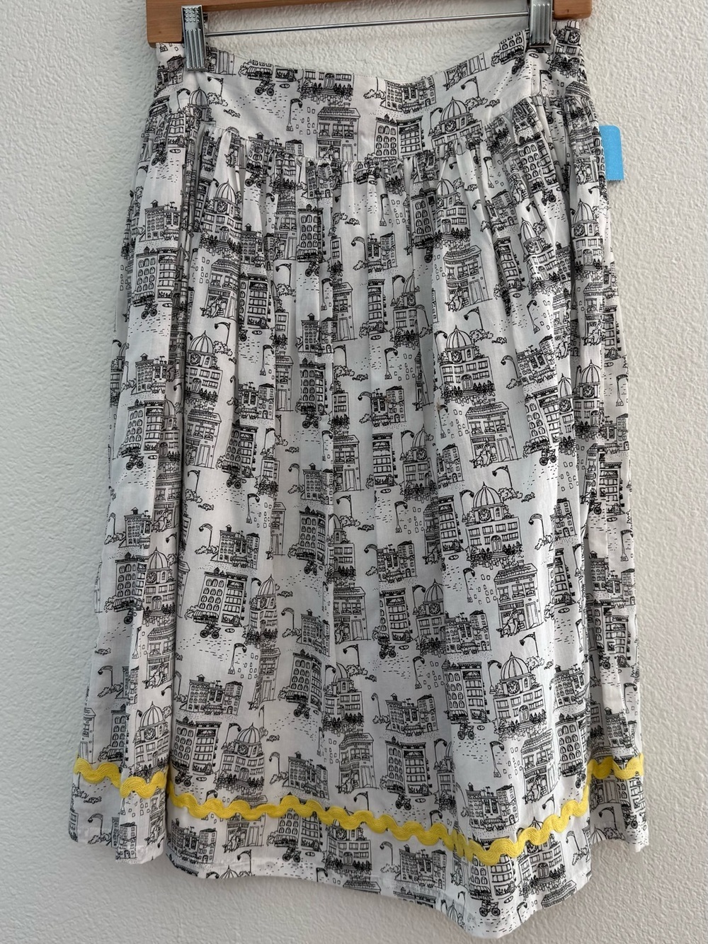 Cityscape Print A-Line Skirt with Yellow Trim